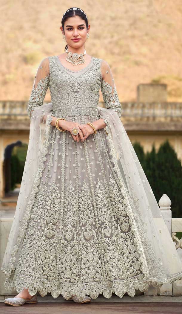 Pure Butterfly Net Front Stone Work Designer Anarkali Salwar Kameez in Grey -6550170490