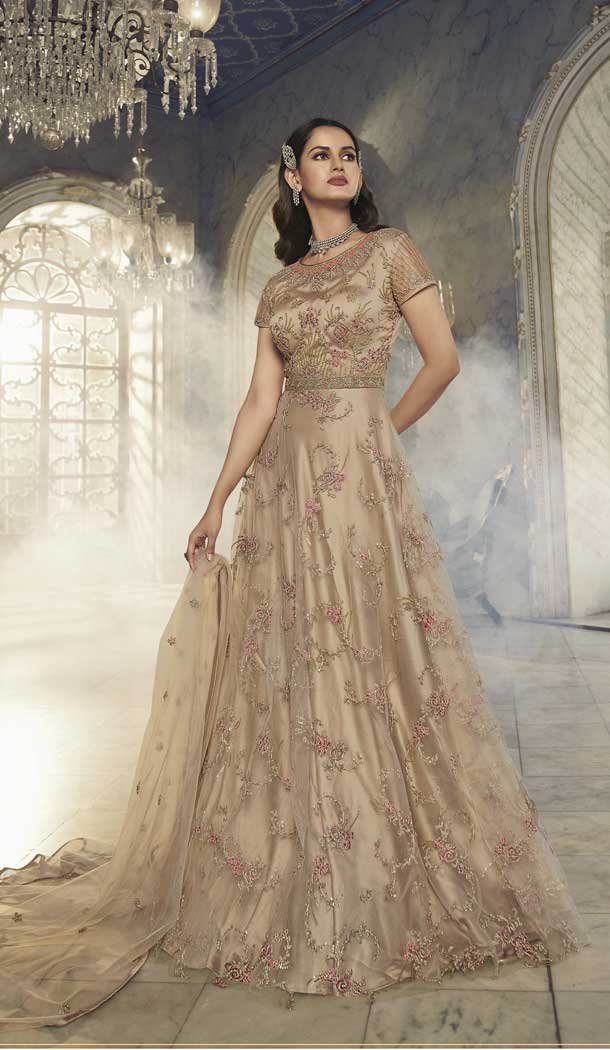 Embroidery Net Designer Anarkali Style Women Gown in Beige -6626171048