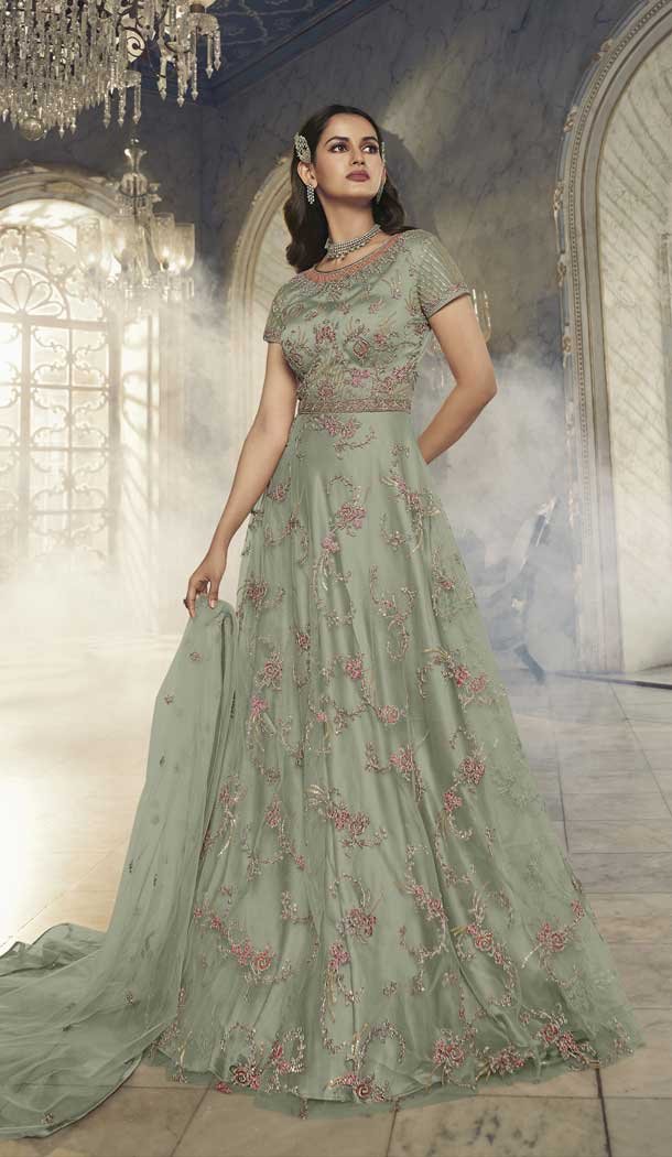 Embroidery Net Designer Anarkali Style Women Gown in Green -6626171049