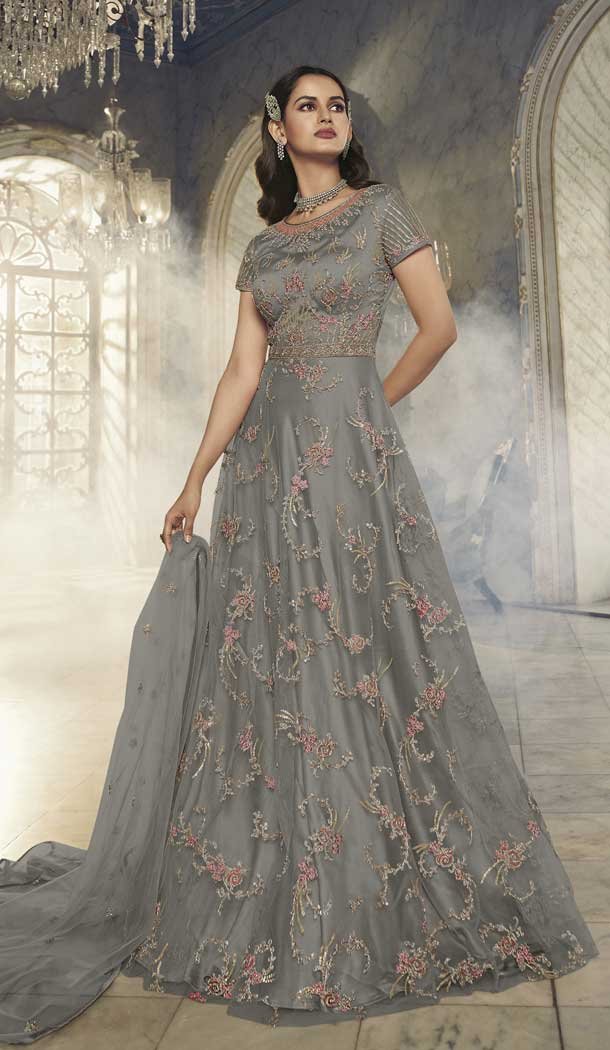 Embroidery Net Designer Anarkali Style Women Gown in Grey -6626171050