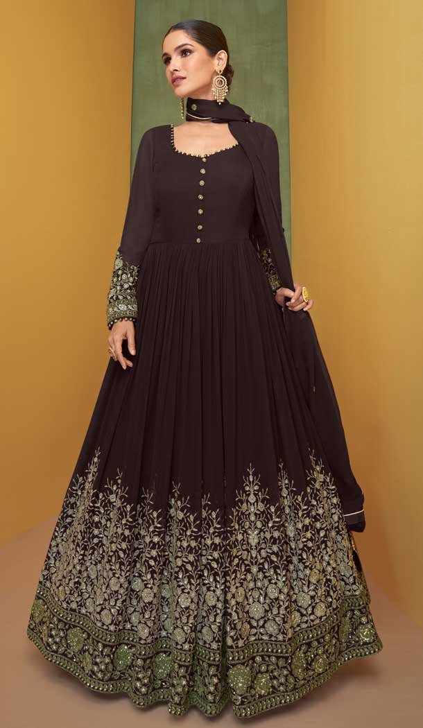 Embroidery Georgette Designer Anarkali Style Plus Size Salwar Kameez in Brown -6640171168