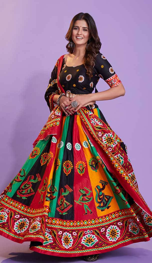 Pure Cotton Abstract Print Work Dandiya Night Outfits Lehenga Choli in Black -7406176045