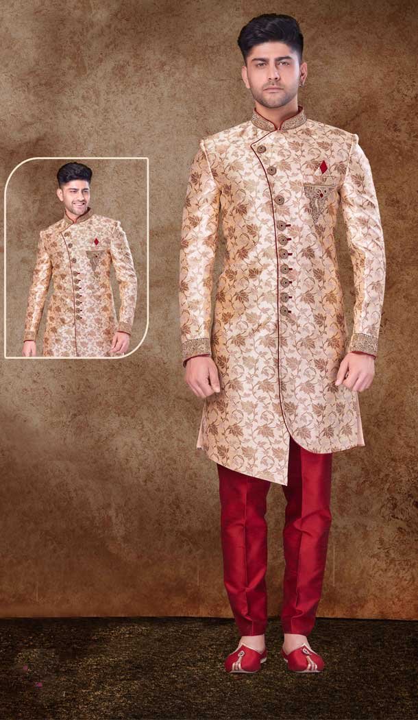 Charming Gold Jacquard Hand work Readymade Designer Men’s Wear Sherwani -6803172304