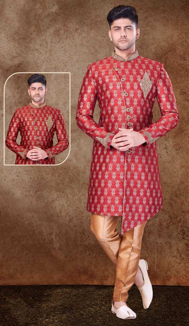 Jacquard Hand work Readymade Designer Men’s Wear Sherwani in Redish Maroon -6803172306