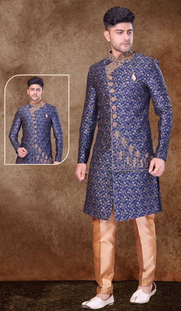 Jacquard Hand work Readymade Designer Men’s Wear Sherwani in Blue -6803172310