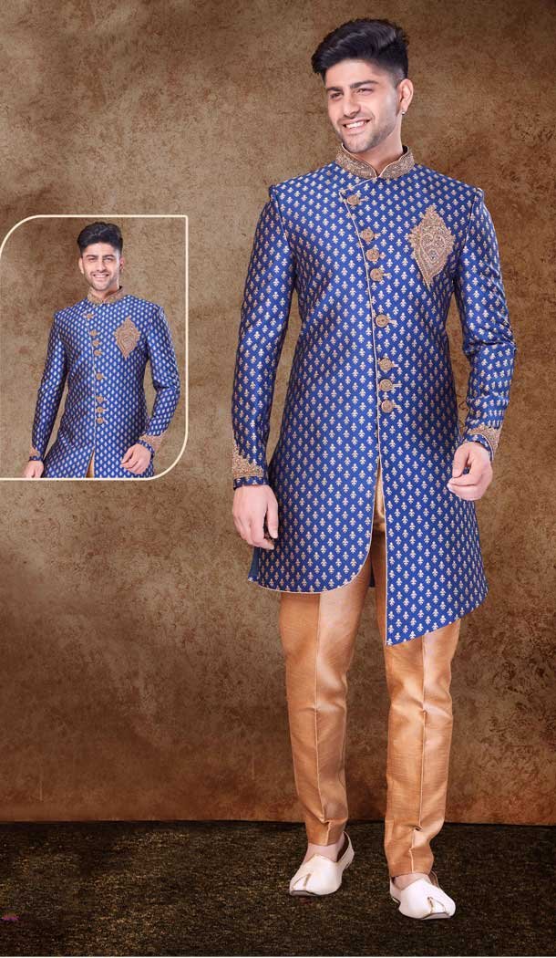 Blue Jacquard Hand work Readymade Designer Men’s Wear Sherwani -6803172311