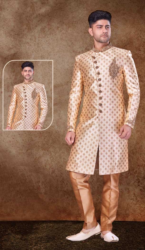 Glamorous Gold Jacquard Hand work Readymade Designer Men’s Wear Sherwani -6803172312