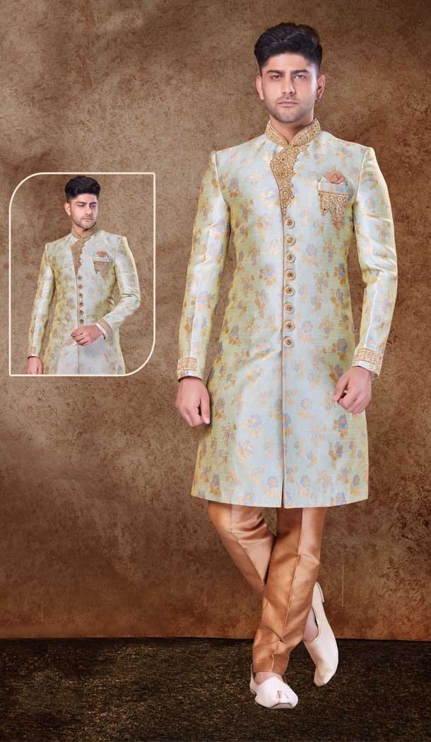 Cream Jacquard Hand work Readymade Designer Men’s Wear Sherwani -6803172314