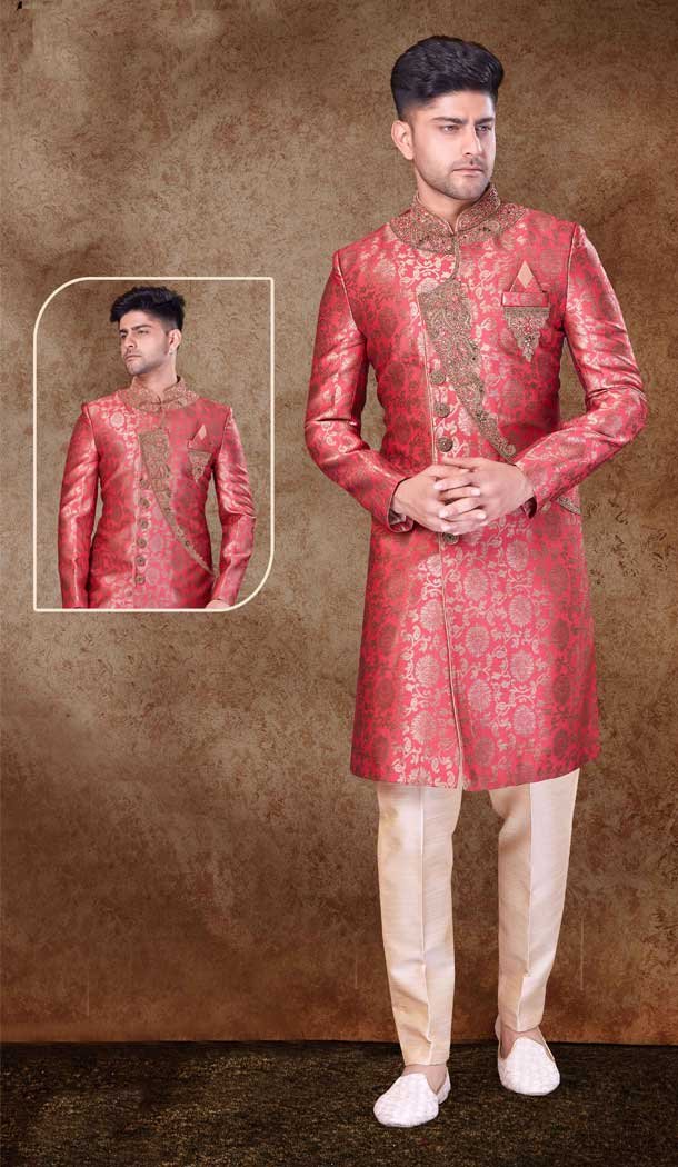 Jacquard Hand work Readymade Designer Men’s Wear Sherwani in Redish Maroon -6803172317