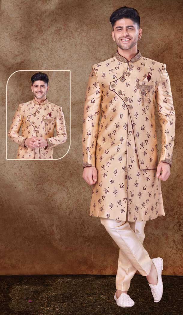 Jacquard Hand work Readymade Designer Men’s Wear Sherwani in Onion Pink -6803172318