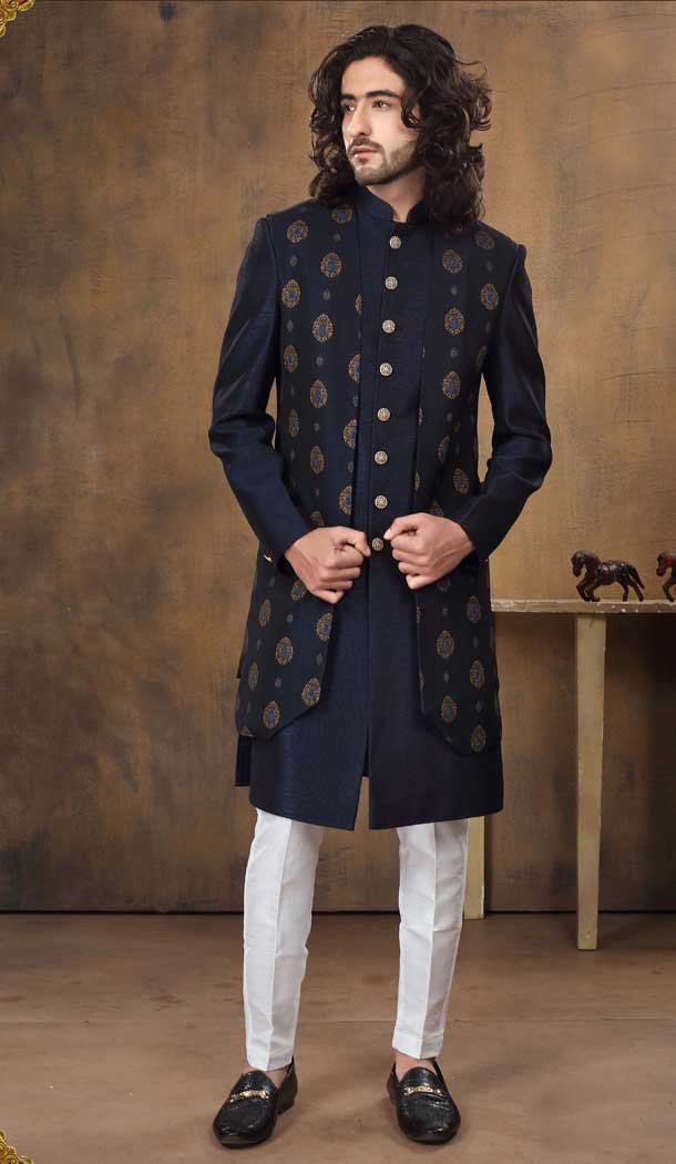 Jacquard in Navy Blue Designer Readymade Men’s Indo-Western -6817172430