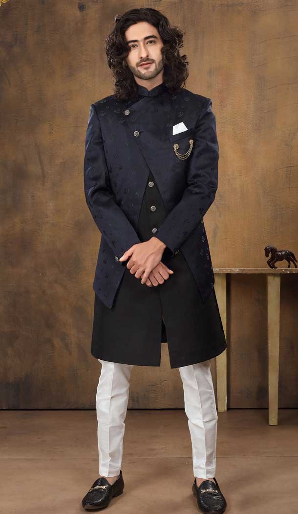 Navy and Black Color Imported Fabric Designer Readymade Men’s Indo-Western -6817172434