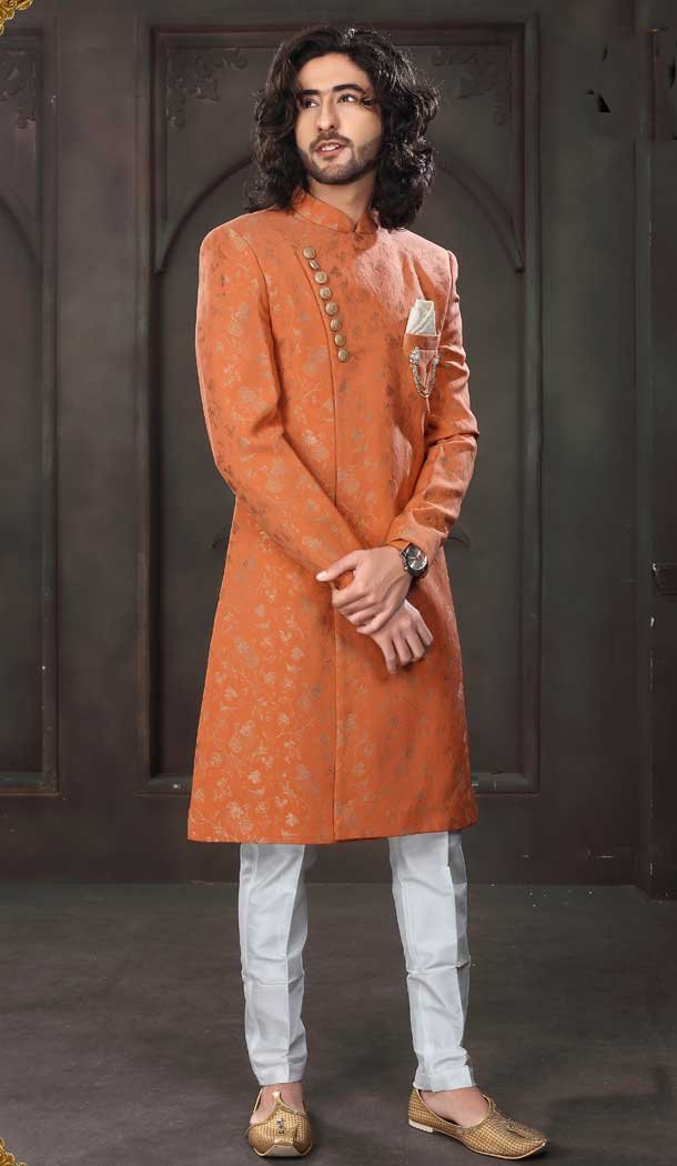 Imported Fabric Designer Readymade Men’s Indo-Western in Orange -6817172451