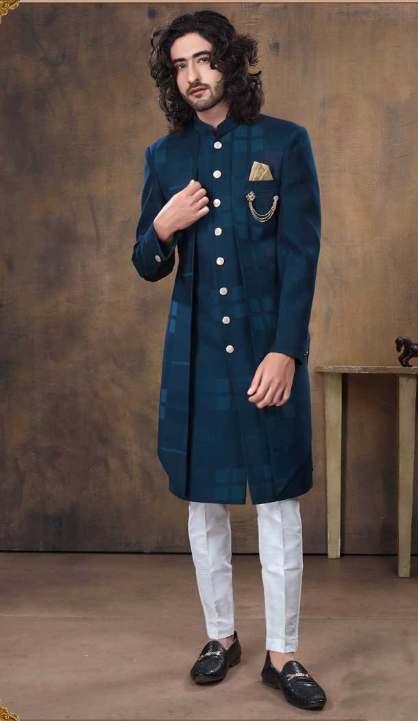 Imported Fabric Designer Readymade Men’s Indo-Western in Rama Blue -6817172452