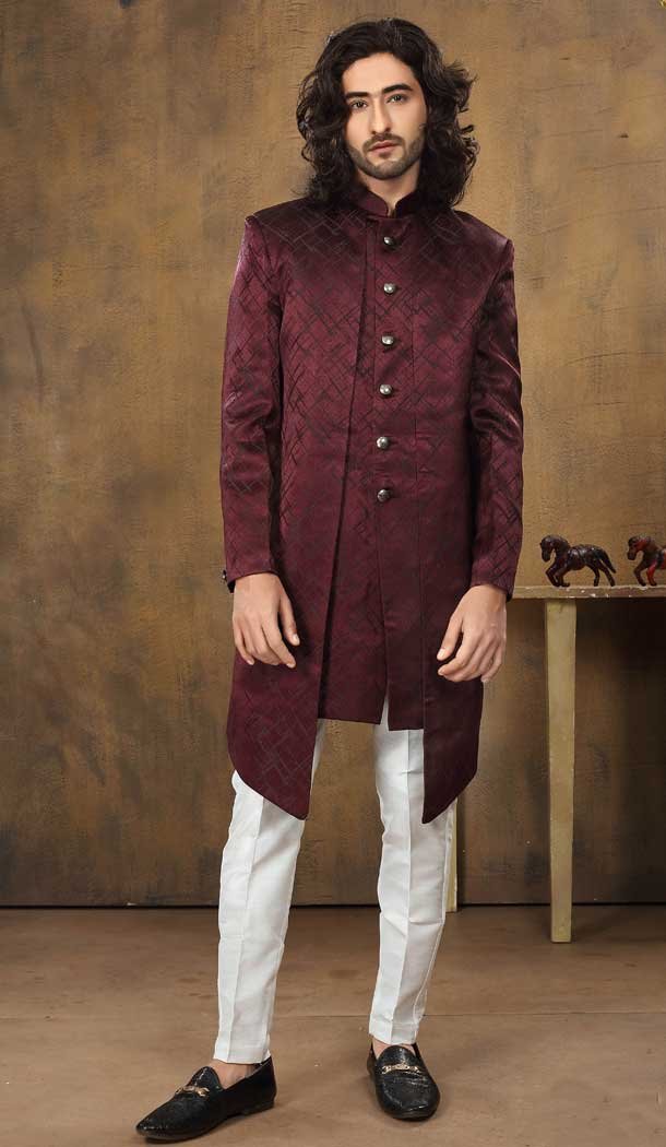 Imported Fabric Designer Readymade Men’s Indo-Western in Maroon -6817172457