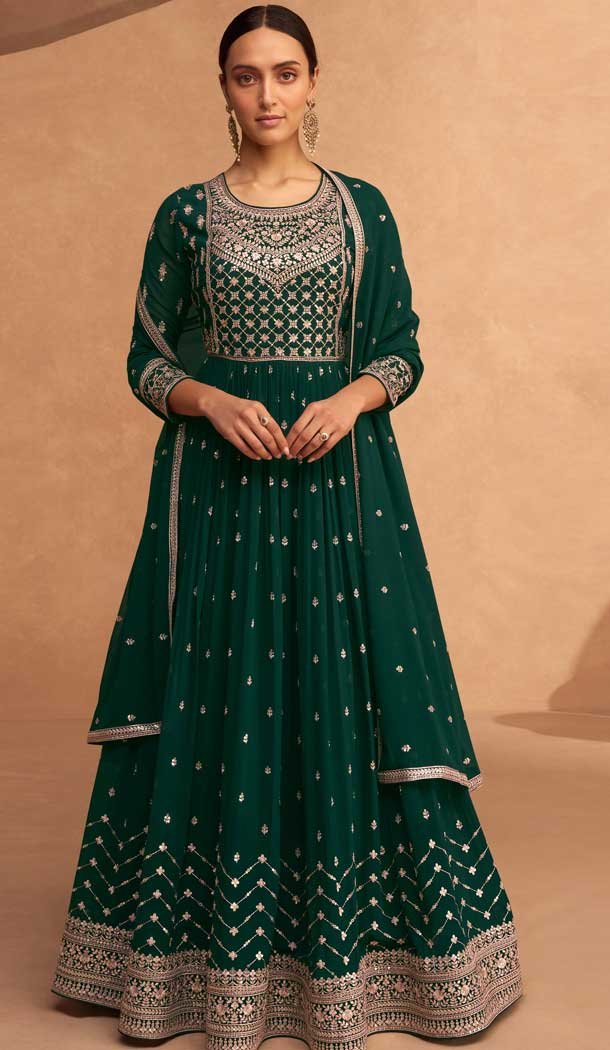 Embroidery Work Georgette Traditional Wear Anarkali Salwar Suit in Green -6965173521