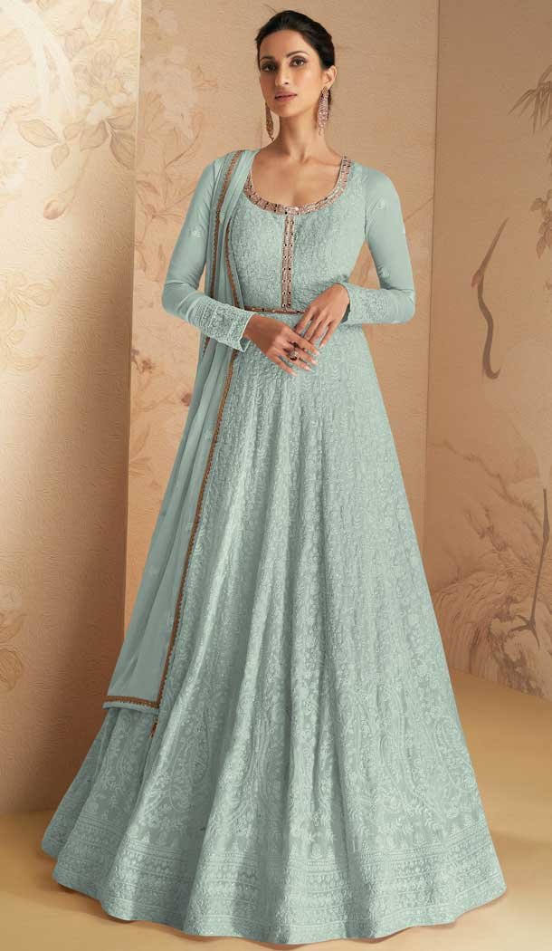 Georgette Embroidery Work Party Wear Anarkali Salwar Suit in Sky Blue -6966173523