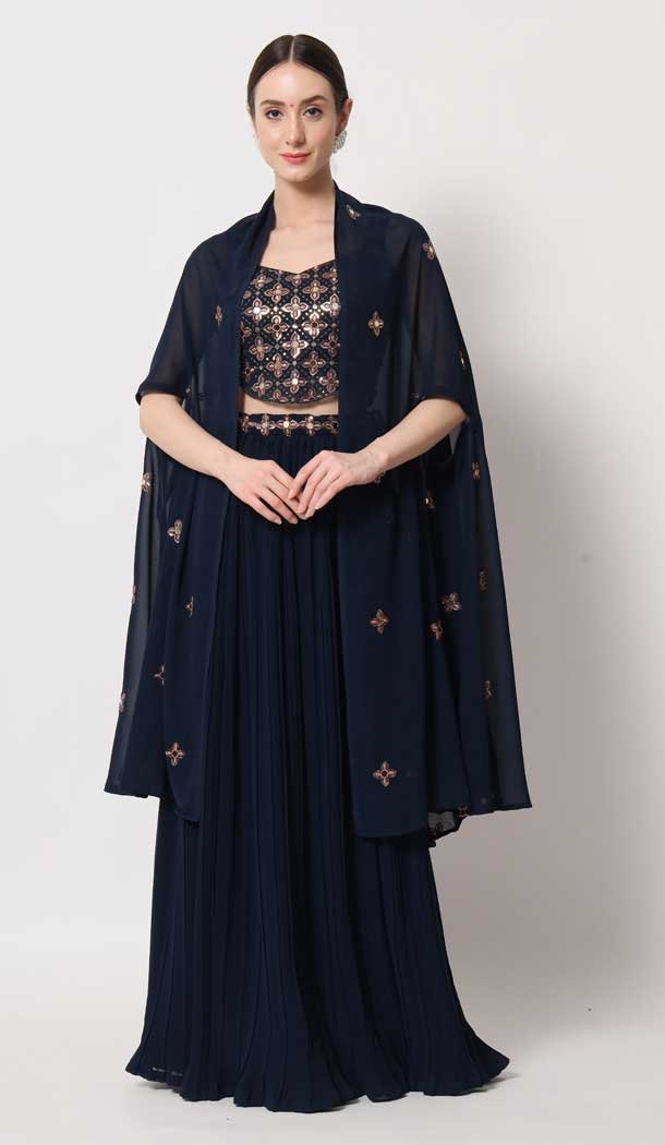 Party Wear Heavy Georgette Mirror Work Lehenga Choli in Navy Blue -7037173923