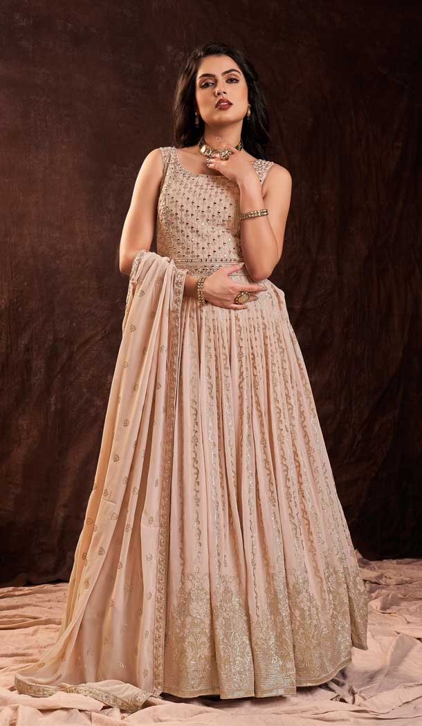 Designer Party Wear Georgette Sequence Work Gown With Dupatta in Peach -6998173721