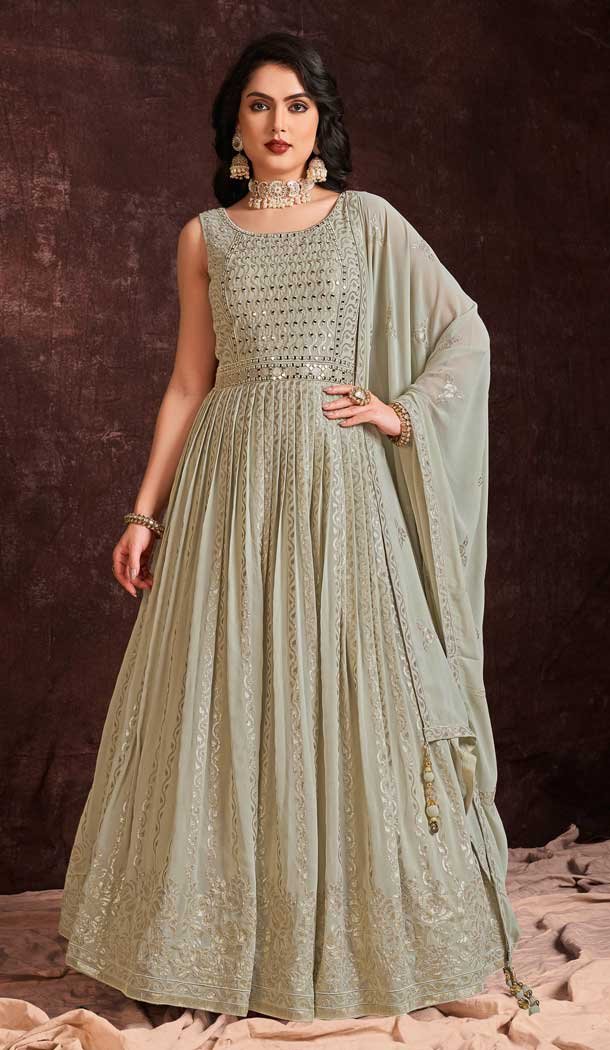 Designer Party Wear Georgette Sequence Work Gown With Dupatta in Pista Green -6998173722