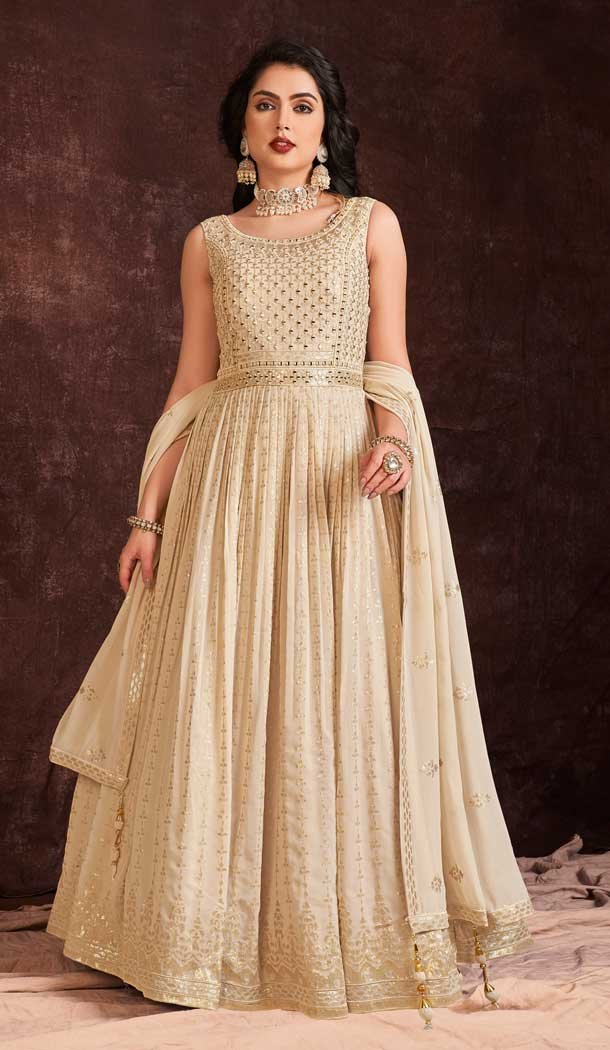 Designer Party Wear Georgette Sequence Work Gown With Dupatta in Cream -6998173723