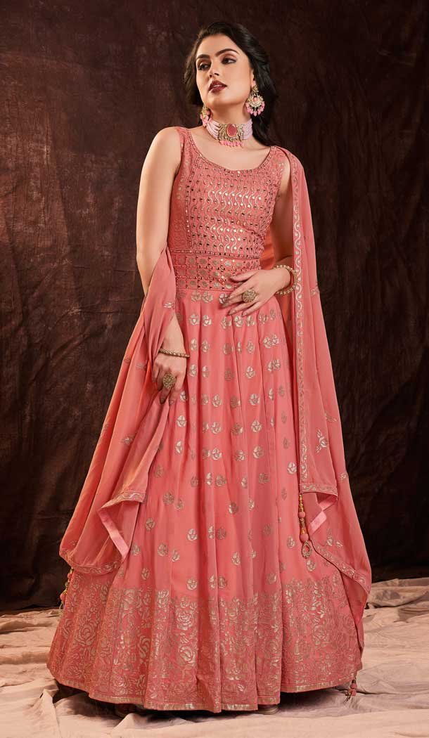 Designer Party Wear Georgette Sequence Work Gown With Dupatta in Coral -6998173724