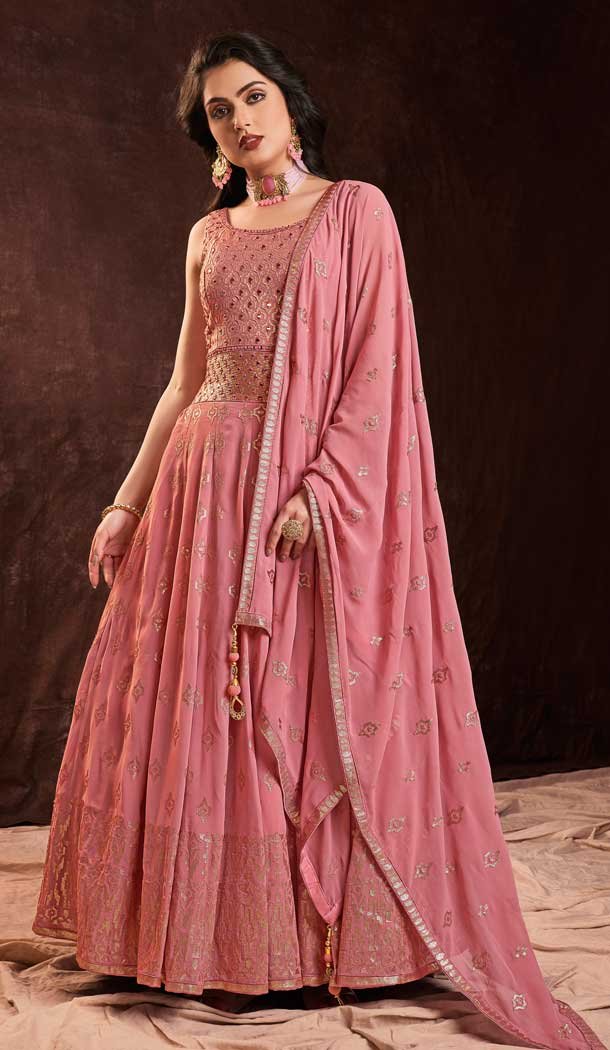 Designer Party Wear Georgette Sequence Work Gown With Dupatta in Pink -6998173725