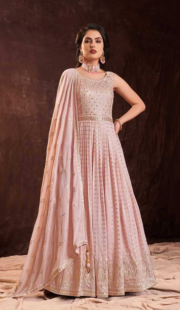 Designer Party Wear Georgette Sequence Work Gown With Dupatta in Baby Pink -6998173726