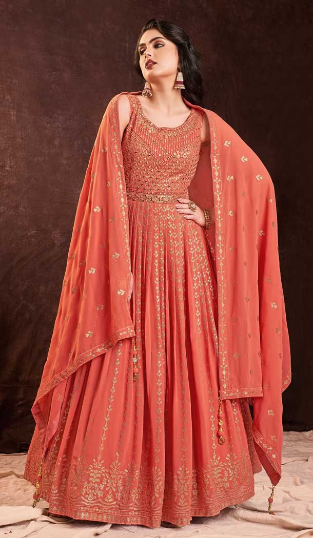 Designer Party Wear Georgette Sequence Work Gown With Dupatta in Orange -6998173728