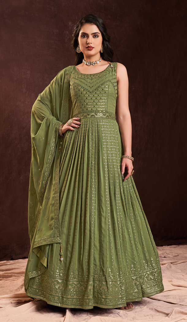 Designer Party Wear Georgette Sequence Work Gown With Dupatta in Green -6998173729