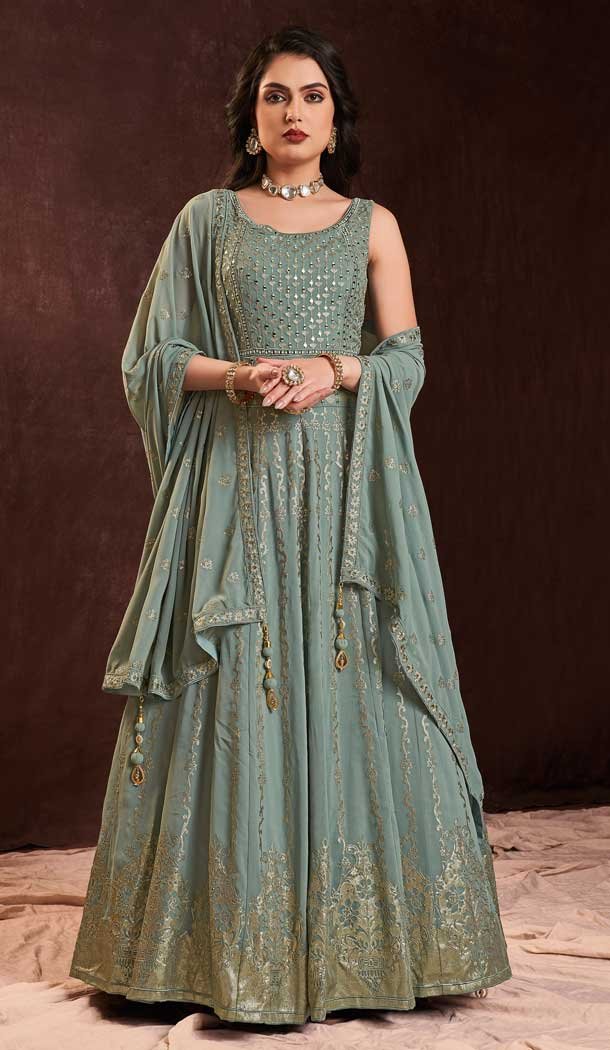 Designer Party Wear Georgette Sequence Work Gown With Dupatta in Olive Green -6998173730