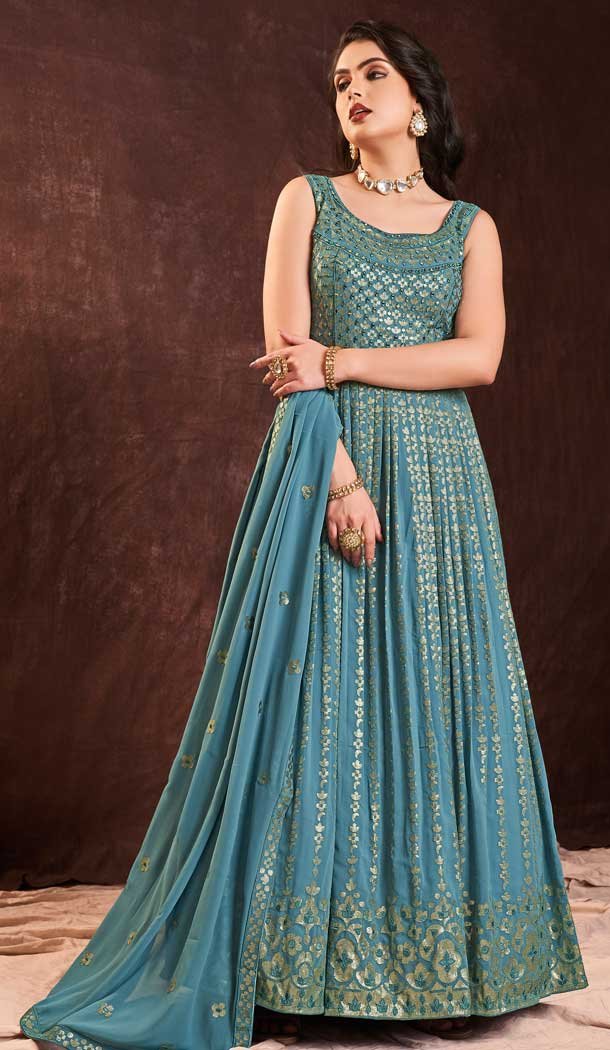 Designer Party Wear Georgette Sequence Work Gown With Dupatta in Blue -6998173731