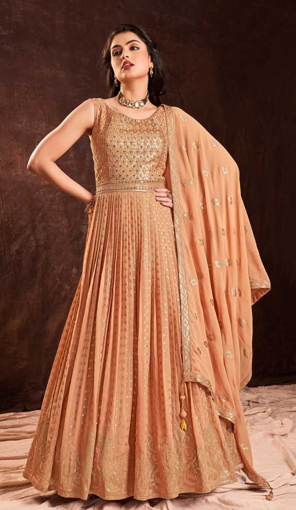 Designer Party Wear Georgette Sequence Work Gown With Dupatta in Apricot -6998173733