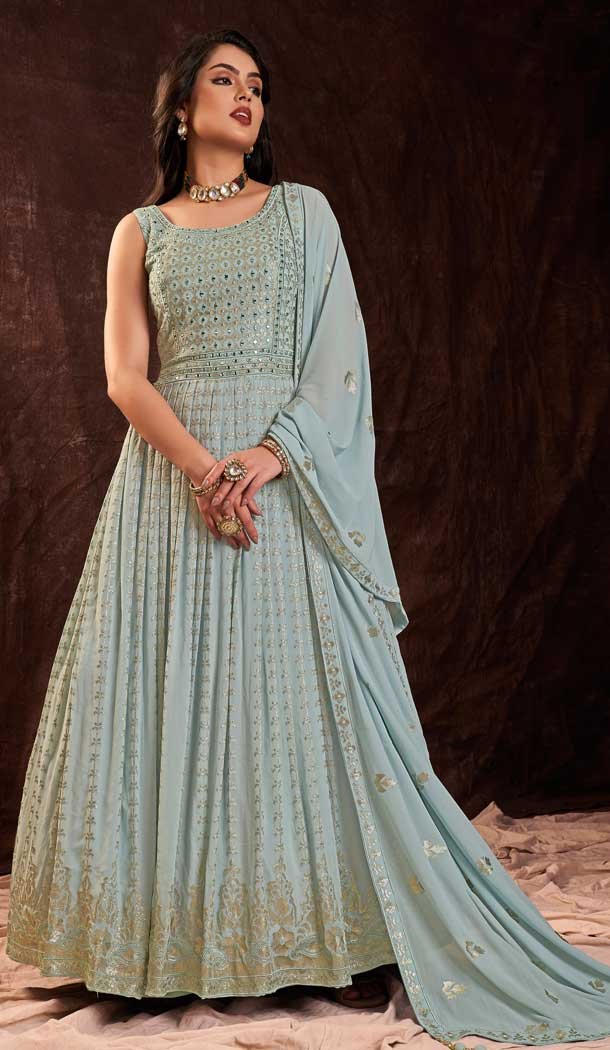 Designer Party Wear Georgette Sequence Work Gown With Dupatta in Light Blue -6998173734