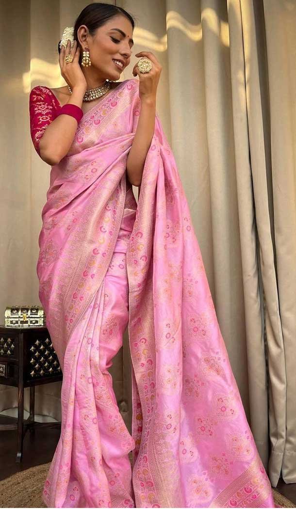 Onion Pink Color Banarasi Soft Silk Zari Weaving Work Casual Wear Saree – 7099174278