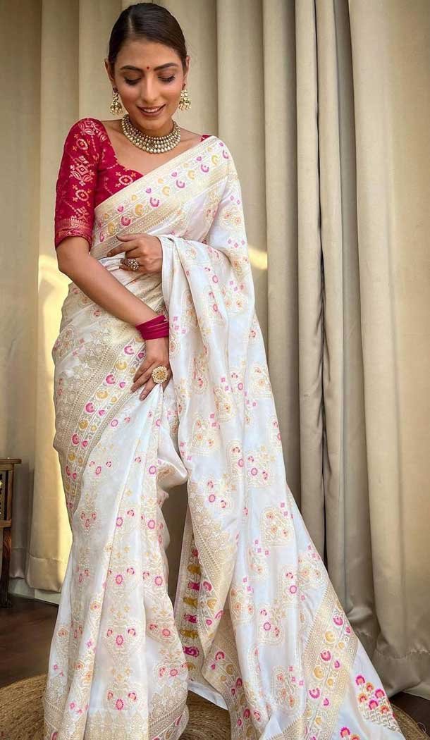 White Color Banarasi Soft Silk Zari Weaving Work Casual Wear Saree – 7099174281