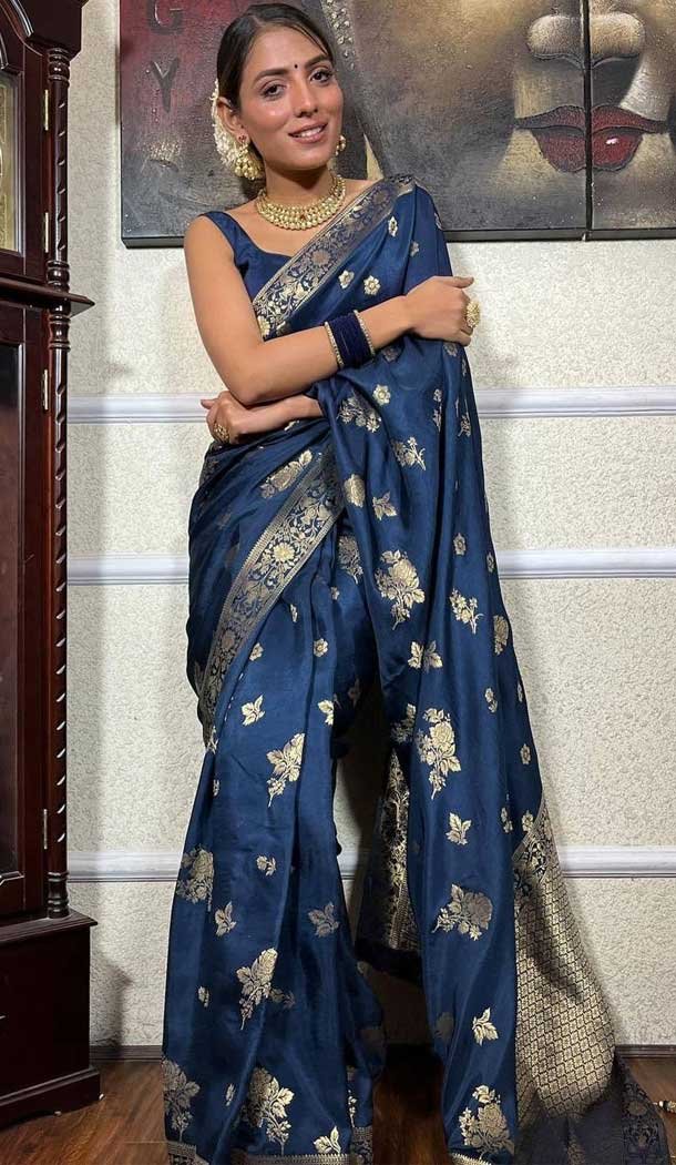 Banarasi Soft Silk Blue Color Zari Weaving Work Function Casual Wear Saree – 7100174283