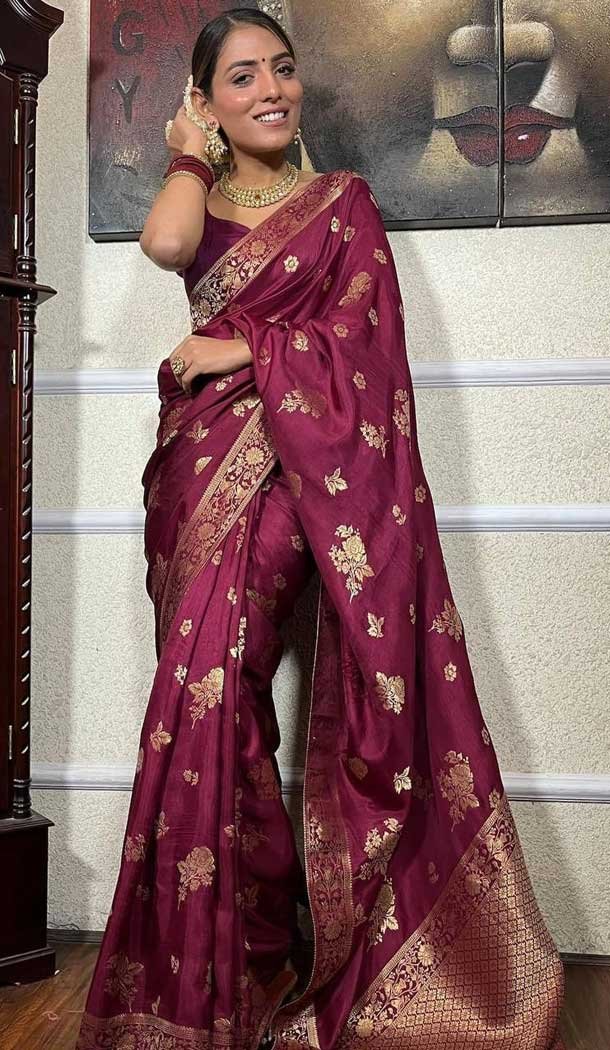 Banarasi Soft Silk Wine Color Zari Weaving Work Function Casual Wear Saree – 7100174285