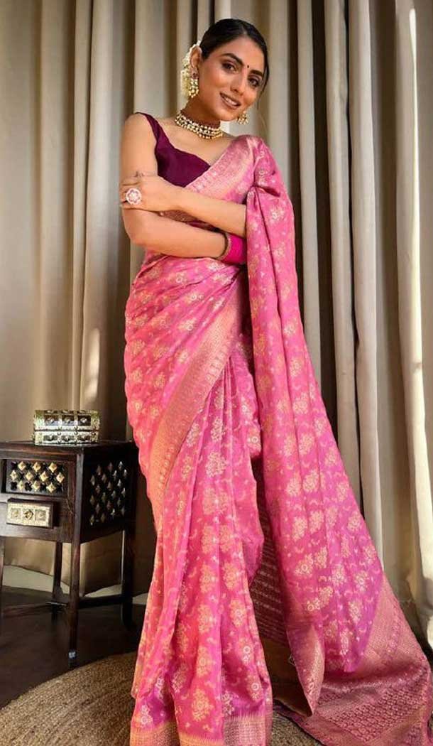 Baby Pink Color Banarasi Silk Copper Zari Weaving Work Traditional Wear Saree- 7127174429