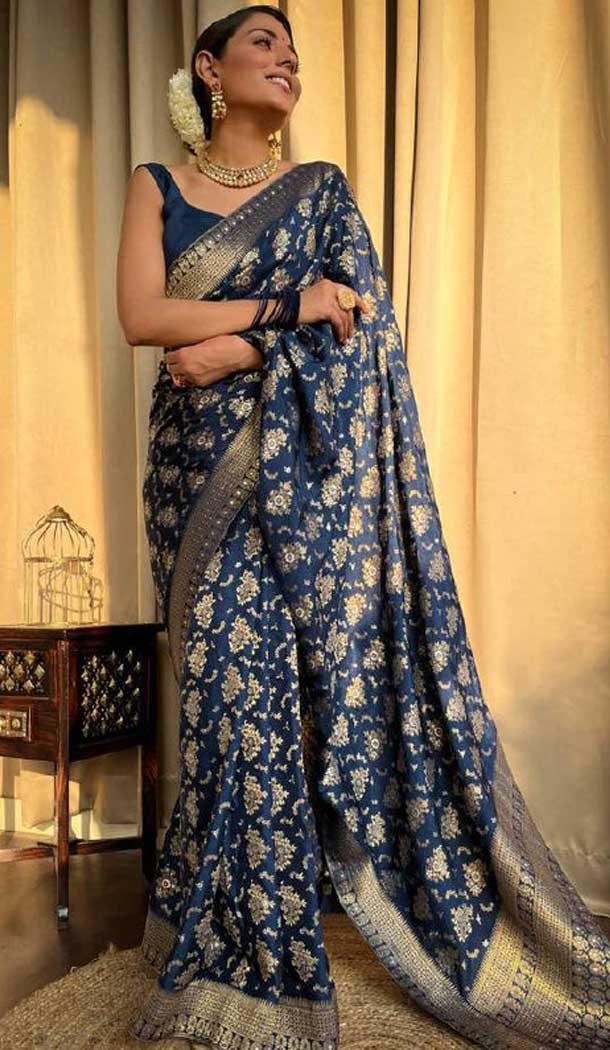 Navy Blue Color Banarasi Silk Copper Zari Weaving Work Traditional Wear Saree- 7127174430