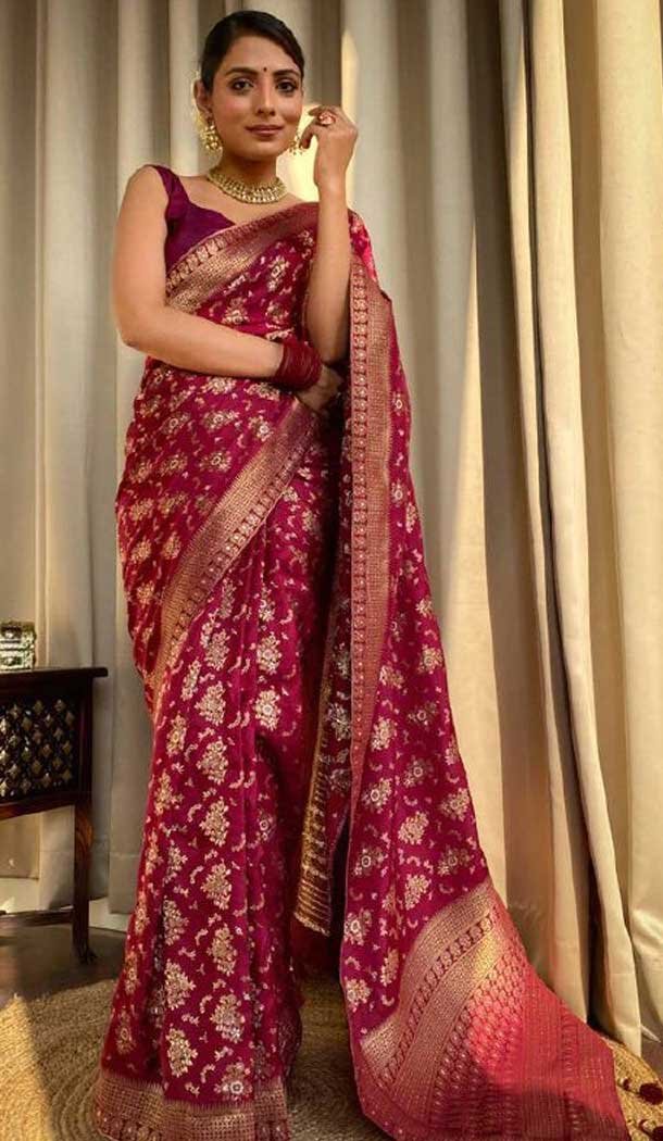 Maroon Color Banarasi Silk Copper Zari Weaving Work Traditional Wear Saree- 7127174434