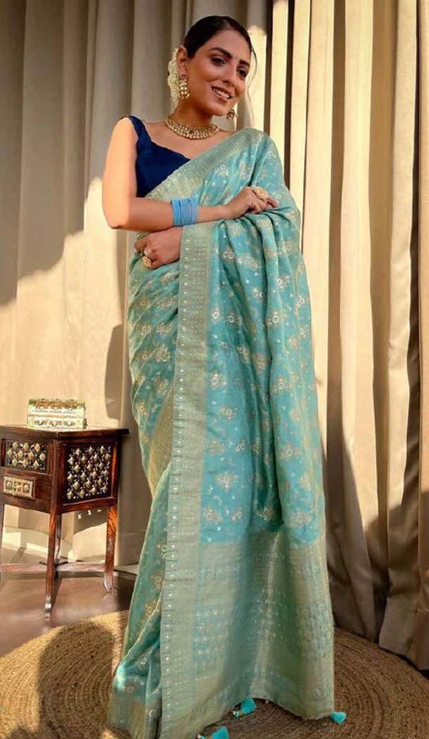 Turquoise Blue Color Banarasi Silk Copper Zari Weaving Work Traditional Wear Saree- 7127174436