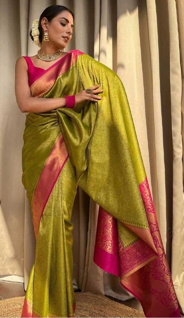 Party Wear Green Color Banarasi Soft Silk Copper Zari Weaving Work Traditional Saree – 7128174438