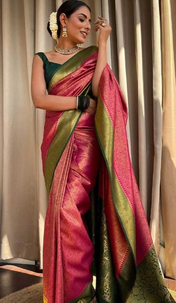 Party Wear Pink Color Banarasi Soft Silk Copper Zari Weaving Work Traditional Saree – 7128174439