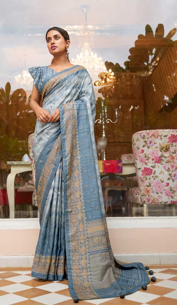 Sea Blue Color Soft Khadi Silk Jacquard Work Function Wear Saree Blouse – 7083174210