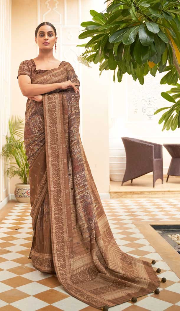 Brown Color Soft Khadi Silk Jacquard Work Function Wear Saree Blouse – 7083174211