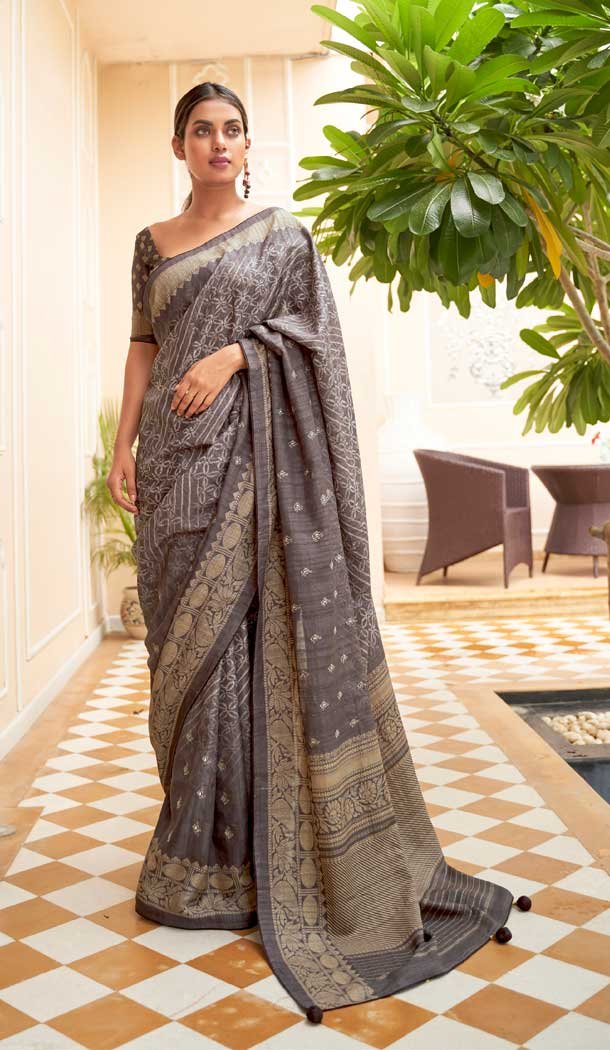 Grey Color Soft Khadi Silk Jacquard Work Function Wear Saree Blouse – 7083174212