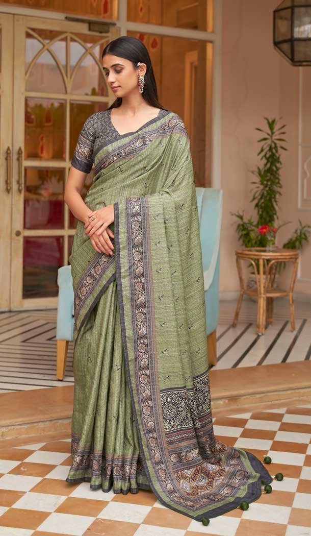 Green Color Soft Khadi Silk Jacquard Work Function Wear Saree Blouse – 7083174214