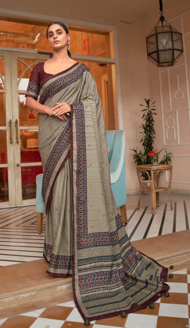 Grey Brown Color Soft Khadi Silk Jacquard Work Function Wear Saree Blouse – 7083174216