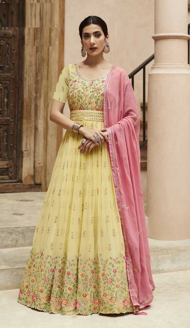 Faux Georgette Sequence Embroidery Work Anarkali Style Salwar Suit In Yellow – 7143174514